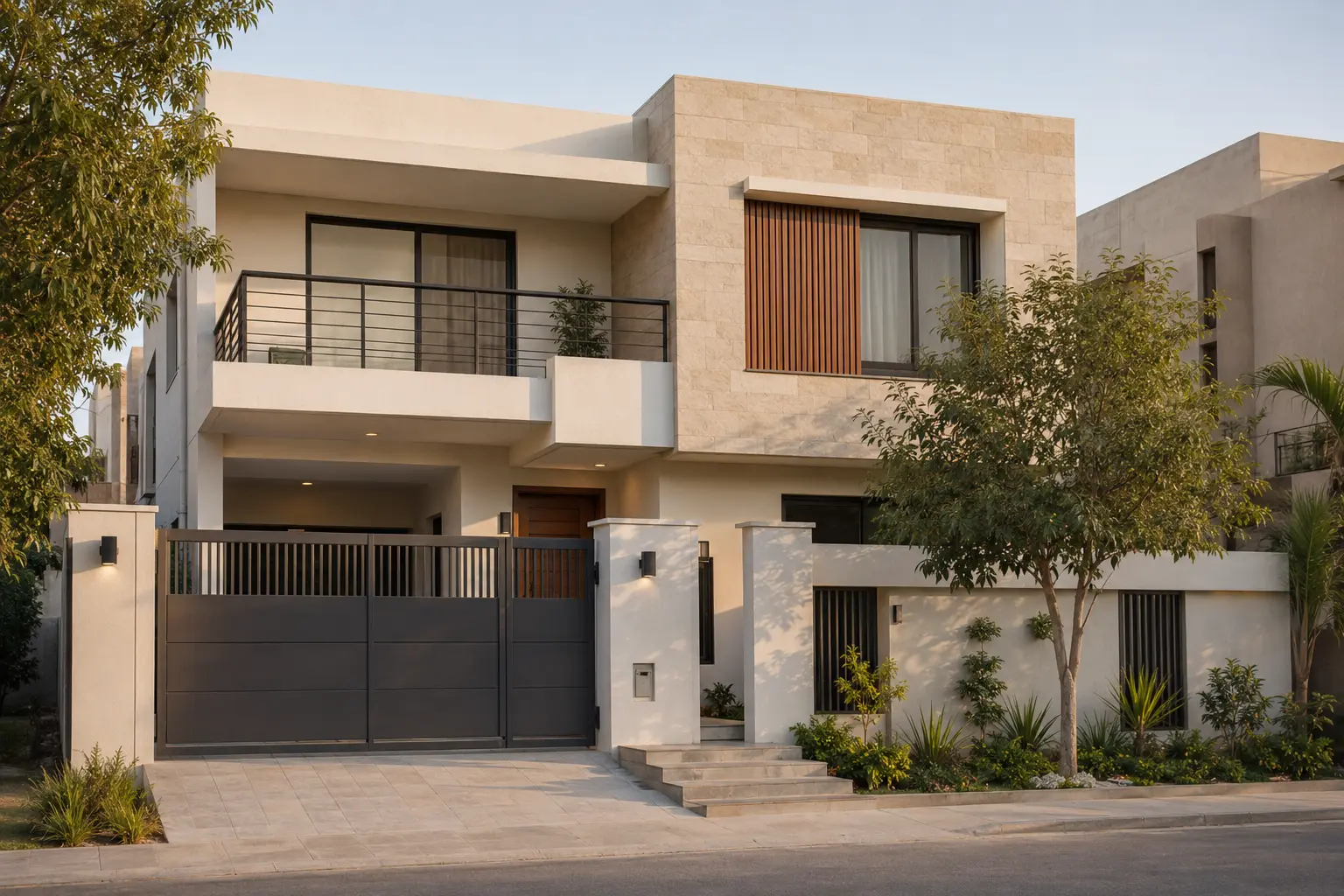 Technician providing residential maintenance services at a modern home