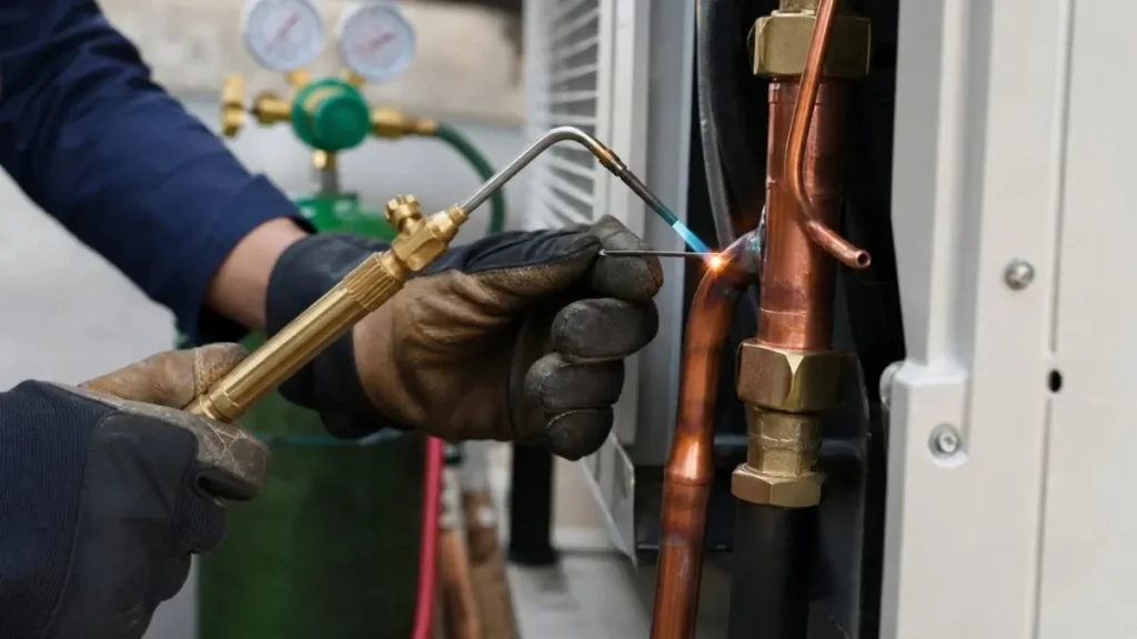 Nitrogen pressure testing and copper pipe brazing during AC leak repair in Karachi