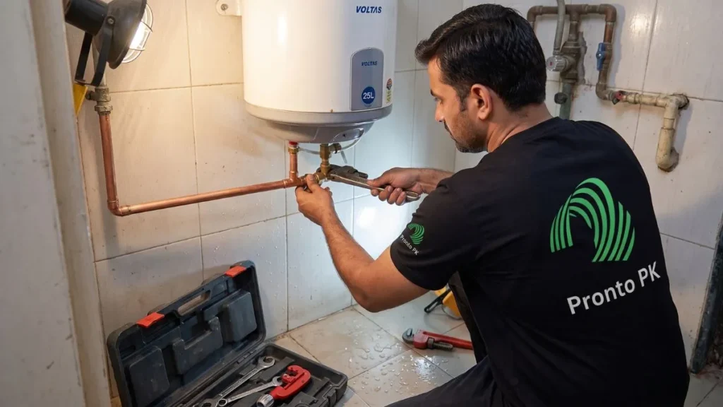 Professional plumber checking pipe fittings during geyser installation in Karachi